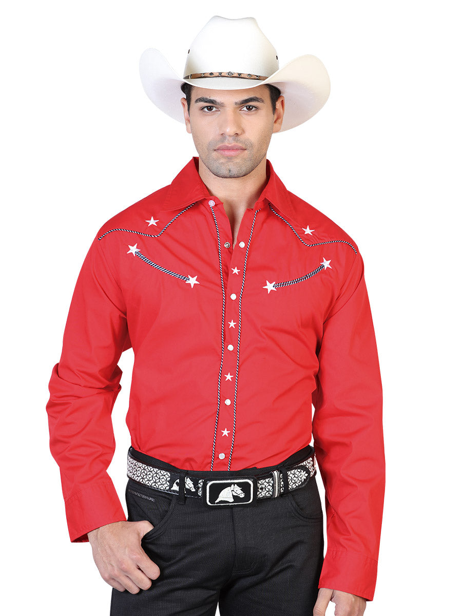 Red Long Sleeve Embroidered Denim Shirt for Men 'The Lord of the Skies' - ID: 42509
