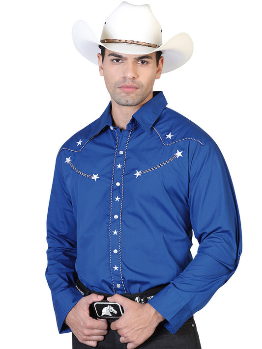 Royal Blue Long Sleeve Embroidered Denim Shirt for Men 'The Lord of the Skies' - ID: 42510