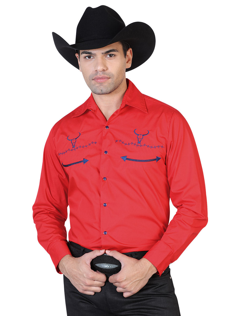 Red Long Sleeve Embroidered Denim Shirt for Men 'El General' - ID: 42511 Western Shirt El General Red