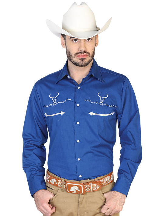 Cobalt Blue Long Sleeve Embroidered Denim Shirt for Men 'El General' - ID: 42516