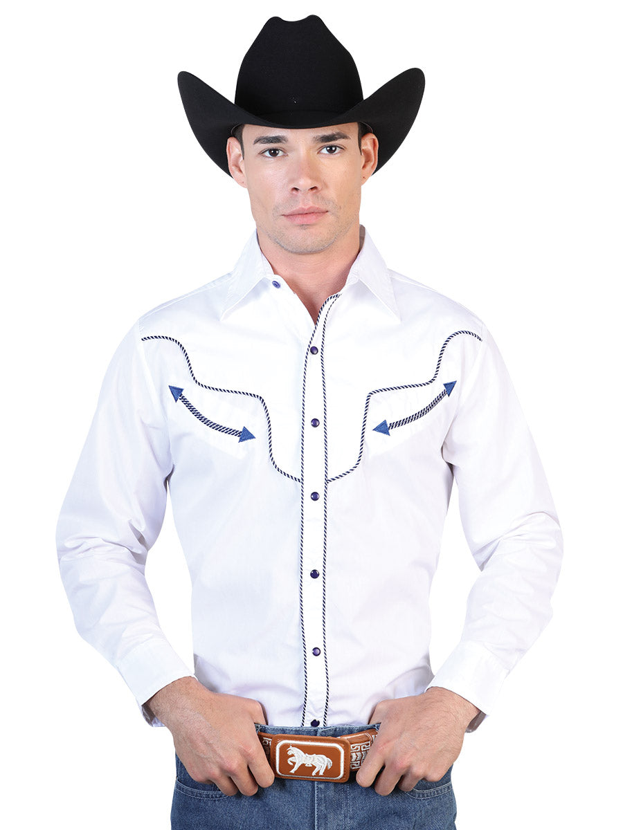 White Long Sleeve Embroidered Denim Shirt for Men 'El General' - ID: 42518
