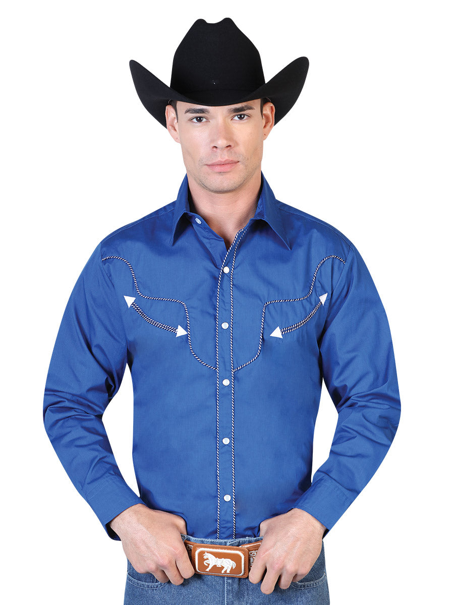 Camisa Vaquera Bordada Manga Larga Azul Cobalto para Hombre 'El General' - ID: 42519