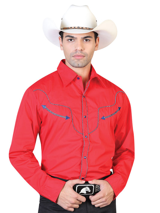 Red Long Sleeve Embroidered Denim Shirt for Men 'El General' - ID: 42520