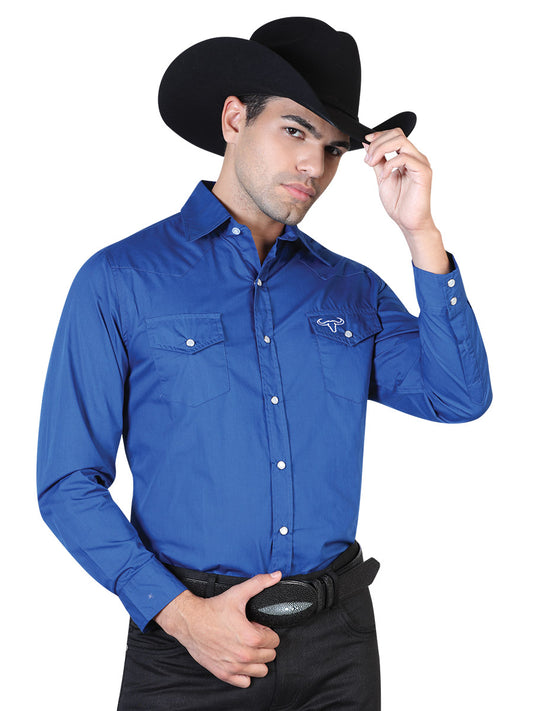 Cobalt Blue Long Sleeve Embroidered Denim Shirt for Men 'El General' - ID: 42522 Western Shirt El General Cobalt Blue