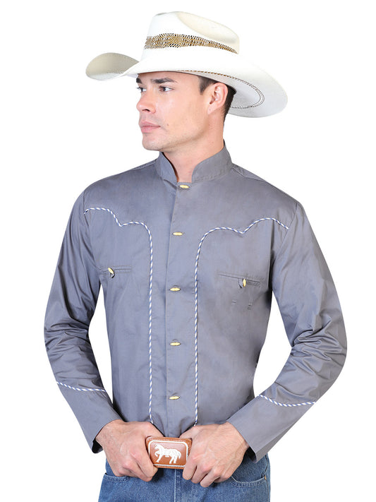 Camisa Vaquera Charra Manga Larga Gris para Hombre 'El Señor de los Cielos' - ID: 42527
