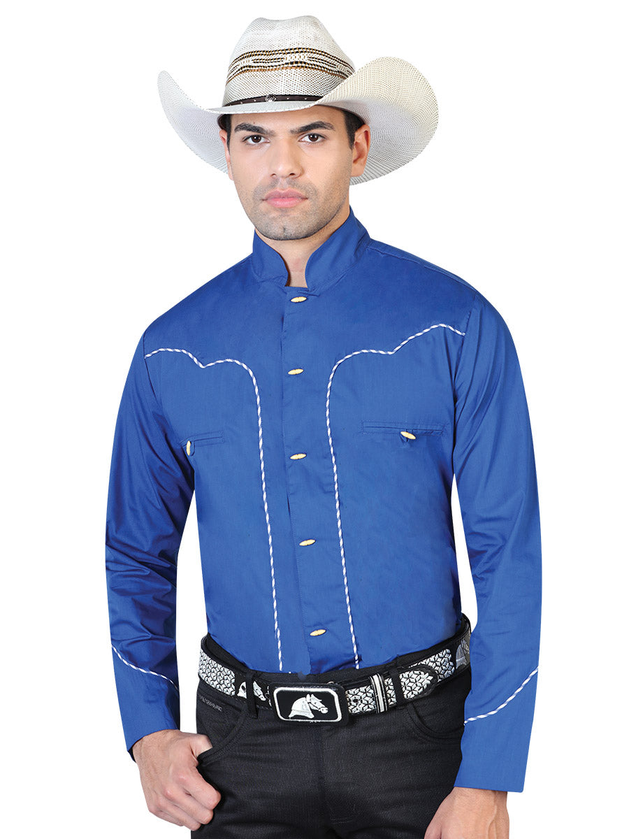 Camisa Vaquera Charra Manga Larga Azul para Hombre 'El Señor de los Cielos' - ID: 42530