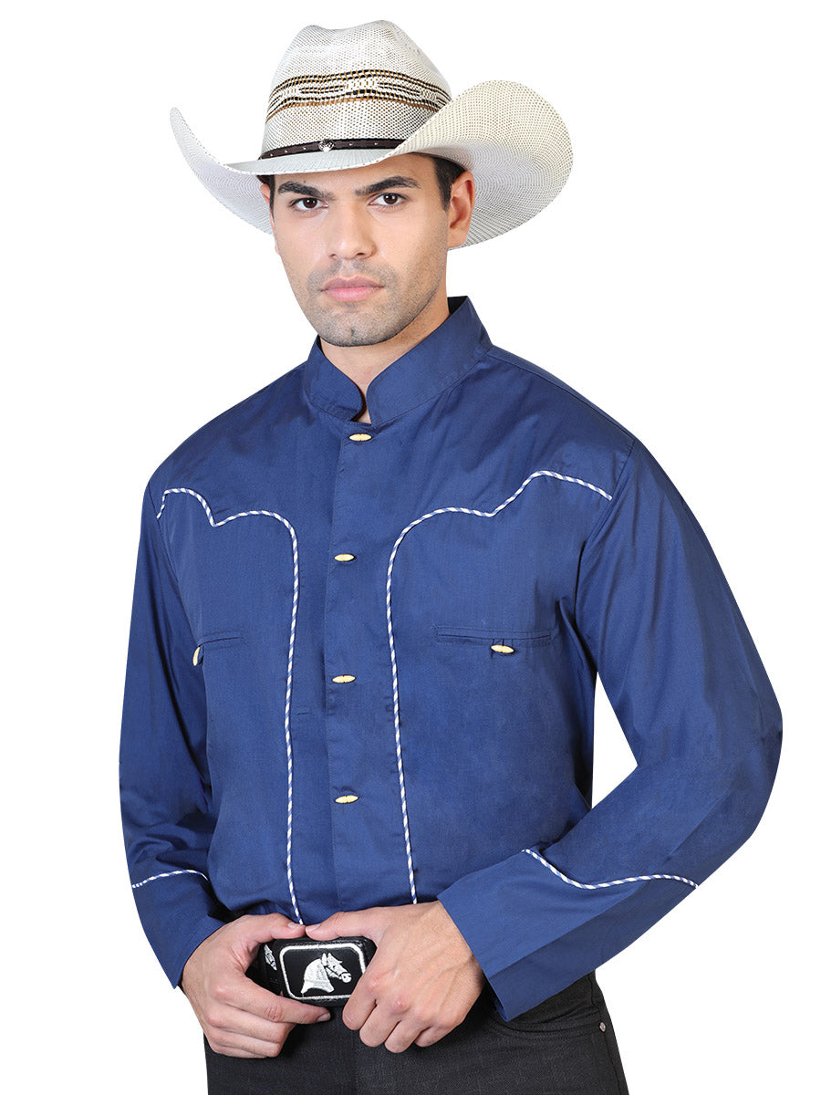 Charro Long Sleeve Royal Blue Denim Shirt for Men 'El Señor de los Cielos' - ID: 42532 Western Shirt El Señor de los Cielos Royal Blue