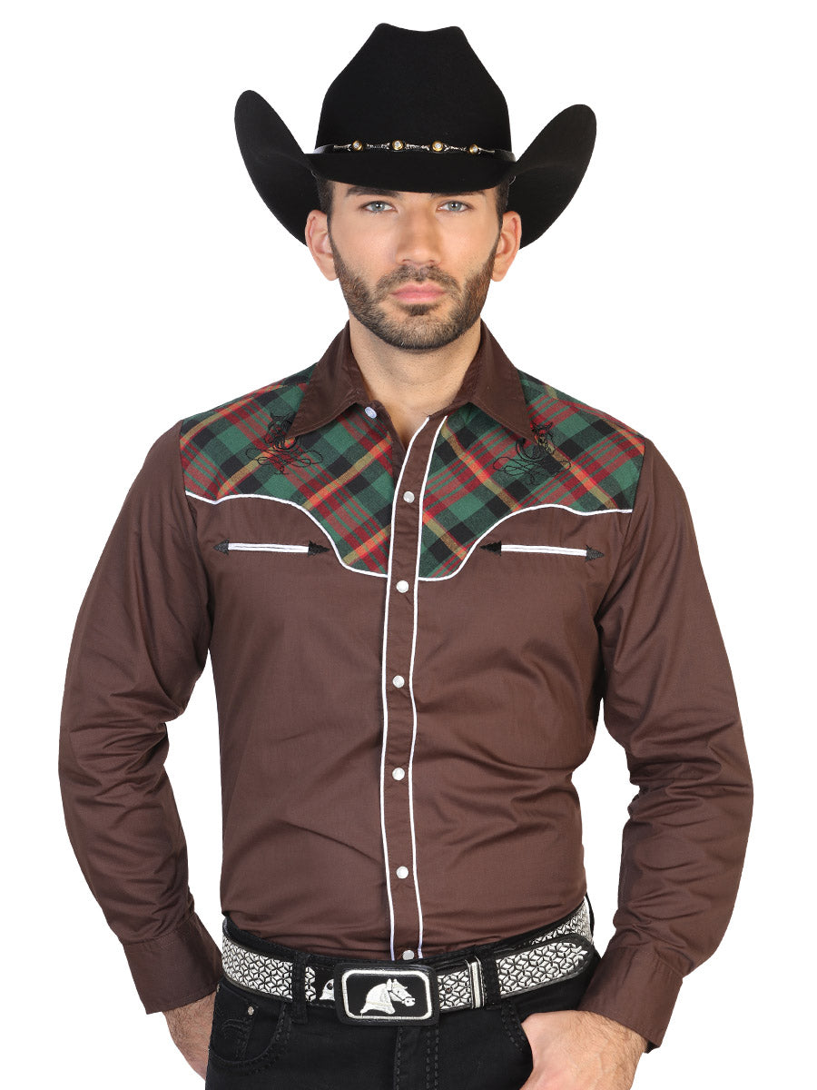 Long Sleeve Denim Shirt with Brown Check Decoration for Men 'El Señor de los Cielos' - ID: 42534 Western Shirt El Señor de los Cielos Brown