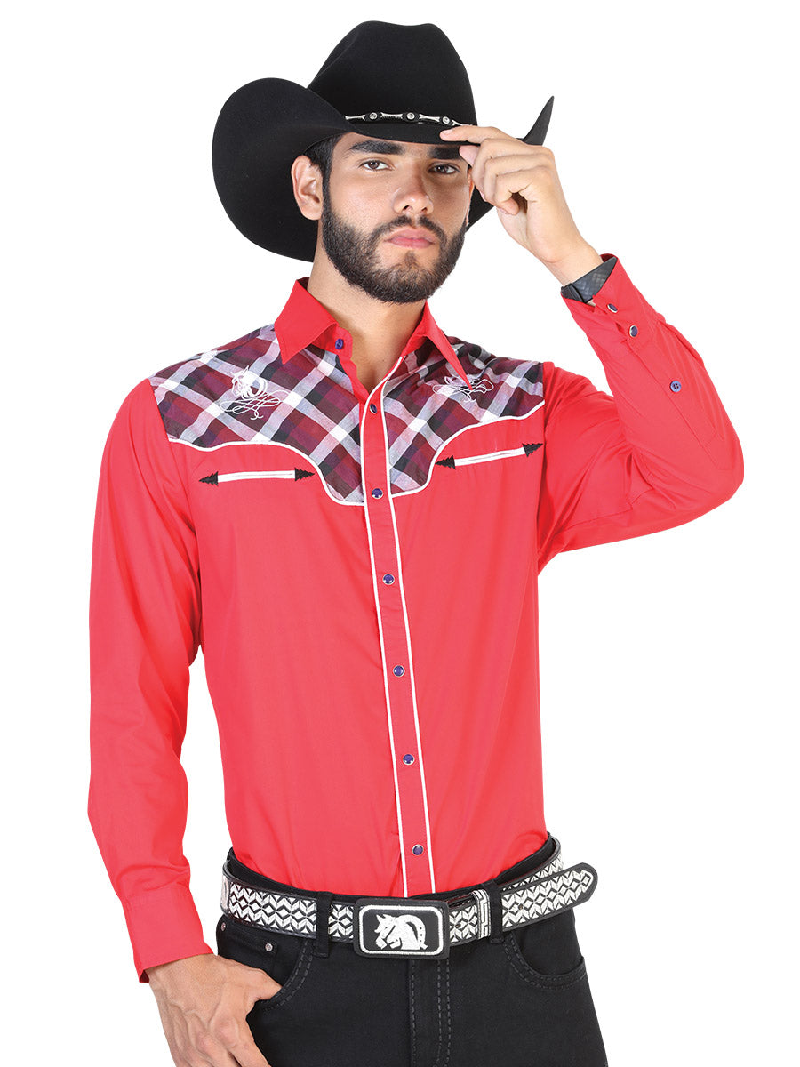 Long Sleeve Denim Shirt with Red Checkered Decoration for Men 'El Señor de los Cielos' - ID: 42537 Western Shirt El Señor de los Cielos Red