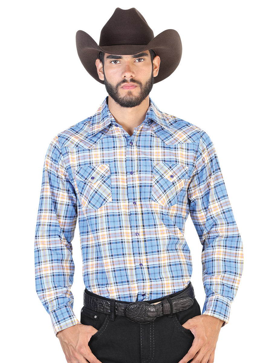 Blue/Pink Plaid Printed Long Sleeve Denim Shirt with Pockets for Men 'El Señor de los Cielos' - ID: 42542 Western Shirt El Señor de los Cielos Blue/Pink