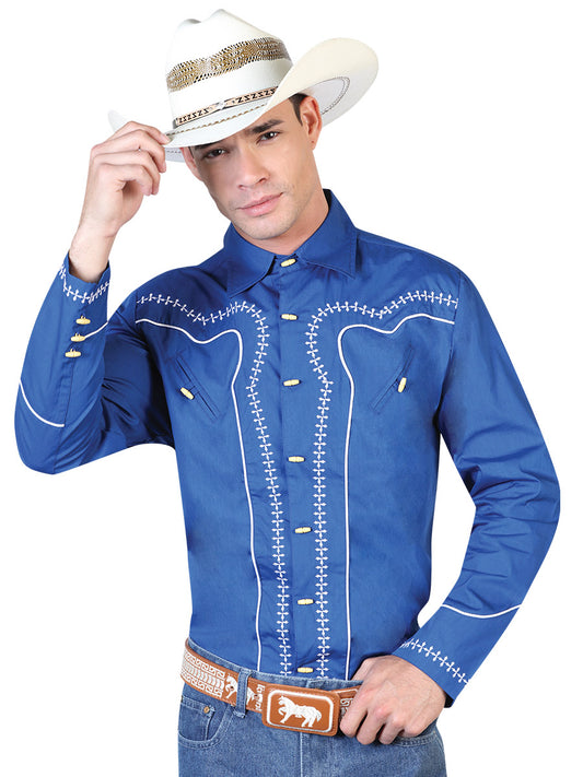 Charra Long Sleeve Royal Blue Cowboy Shirt for Men 'The Lord of the Skies' - ID: 42546