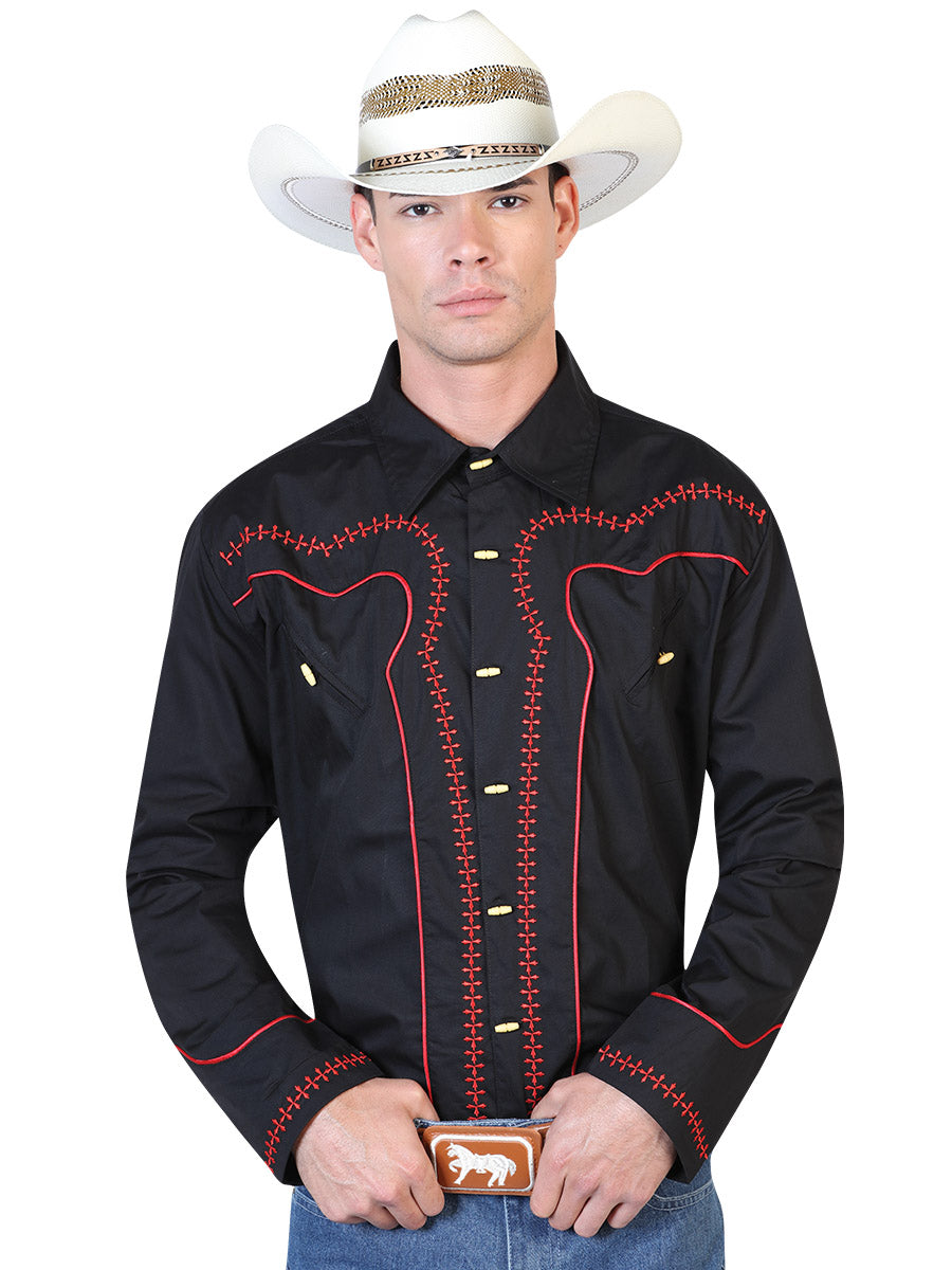 Camisa Vaquera Charra Manga Larga Negro para Hombre 'El Señor de los Cielos' - ID: 42547