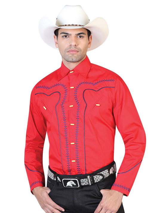Camisa Vaquera Charra Manga Larga Rojo para Hombre 'El General' - ID: 42548 Western Shirt El Señor de los Cielos Red