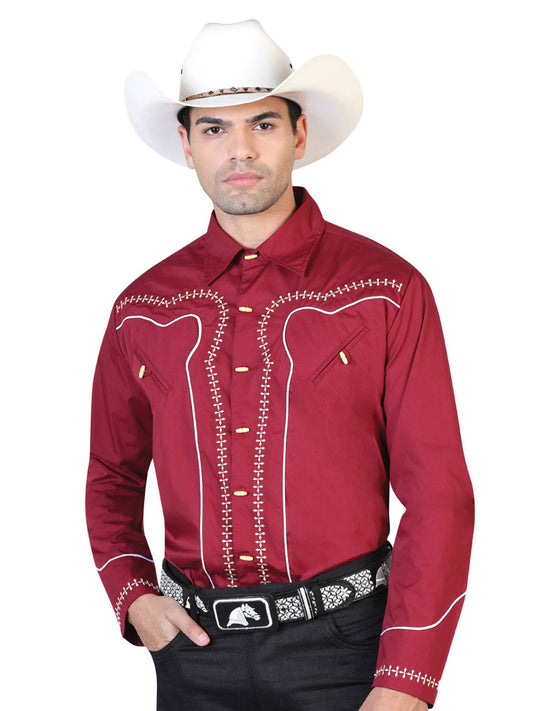 Charro Long Sleeve Burgandy Denim Shirt for Men 'El Señor de los Cielos' - ID: 42550 Western Shirt El Señor de los Cielos Burgandy