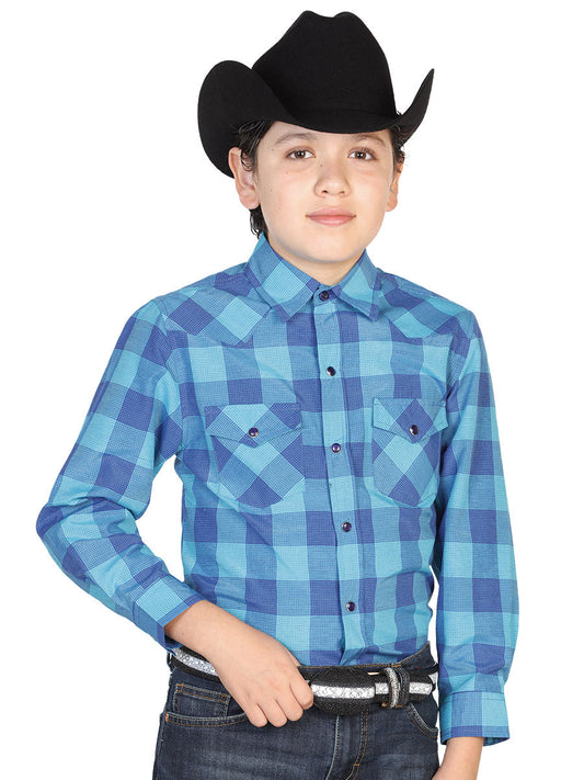 Long Sleeve Denim Shirt with Pockets Printed Blue Squares for Boys 'El General' - ID: 42560