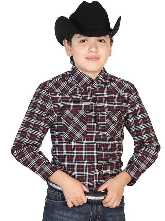 Long Sleeve Denim Shirt with Pockets Printed Black / Red Squares for Children 'El General' - ID: 42561