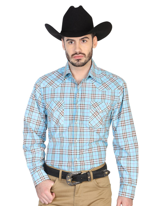 Long Sleeve Denim Shirt with Pockets Printed Blue / Black Squares for Men 'The Lord of the Skies' - ID: 42565
