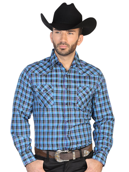 Long Sleeve Denim Shirt with Pockets Printed Blue / Black Squares for Men 'The Lord of the Skies' - ID: 42568