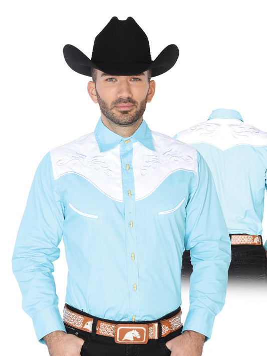 Camisa Vaquera Charra Bordada Manga Larga Azul Claro para Hombre 'El Señor de los Cielos' - ID: 42569