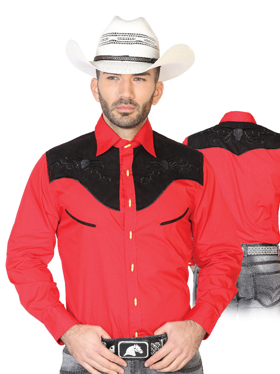 Red Long Sleeve Embroidered Charra Cowboy Shirt for Men 'The Lord of the Skies' - ID: 42570