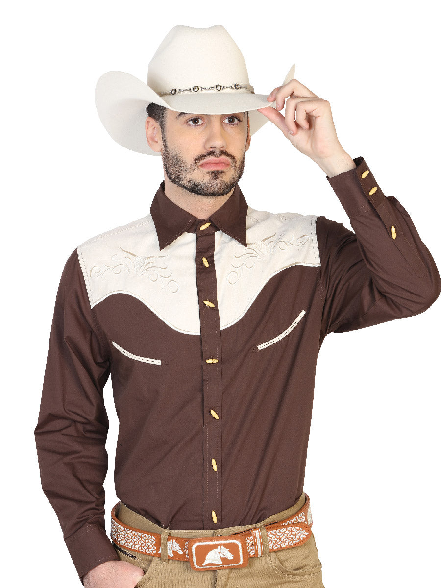 Charra Embroidered Long Sleeve Coffee Cowboy Shirt for Men 'The Lord of the Skies' - ID: 42571