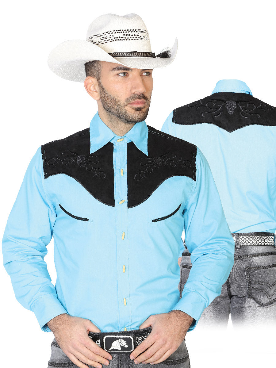 Light Blue Long Sleeve Embroidered Charra Cowboy Shirt for Men 'The Lord of the Skies' - ID: 42573