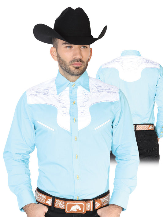 Camisa Vaquera Charra Bordada Manga Larga Azul Claro para Hombre 'El Señor de los Cielos' - ID: 42575