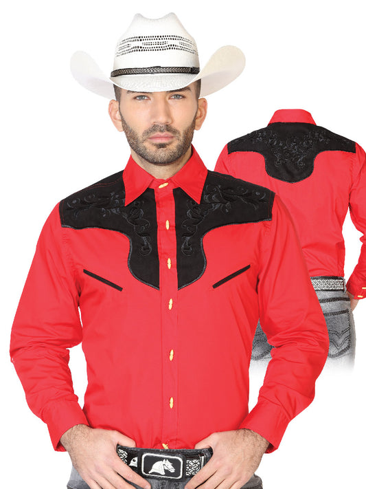 Red Long Sleeve Embroidered Charra Cowboy Shirt for Men 'The Lord of the Skies' - ID: 42576