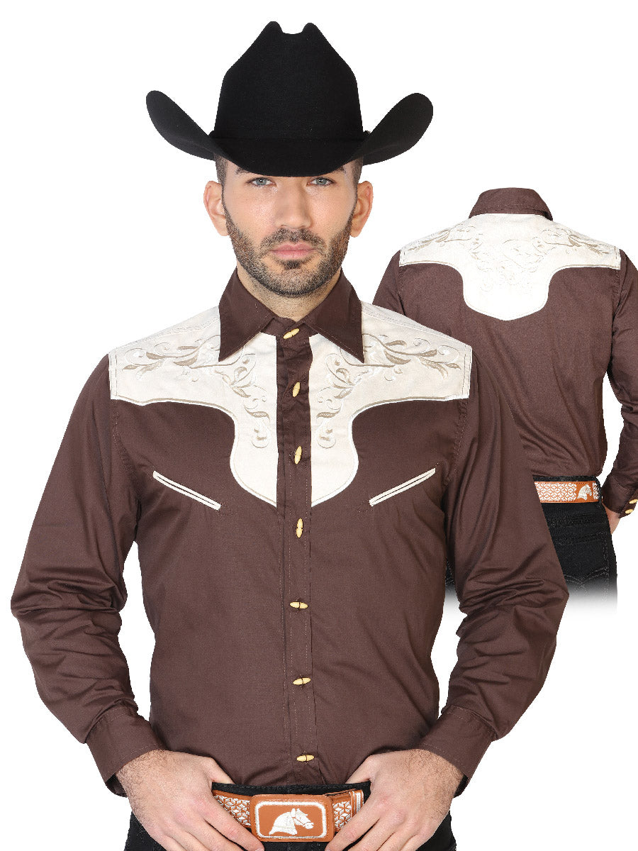 Charra Embroidered Long Sleeve Coffee Cowboy Shirt for Men 'The Lord of the Skies' - ID: 42577
