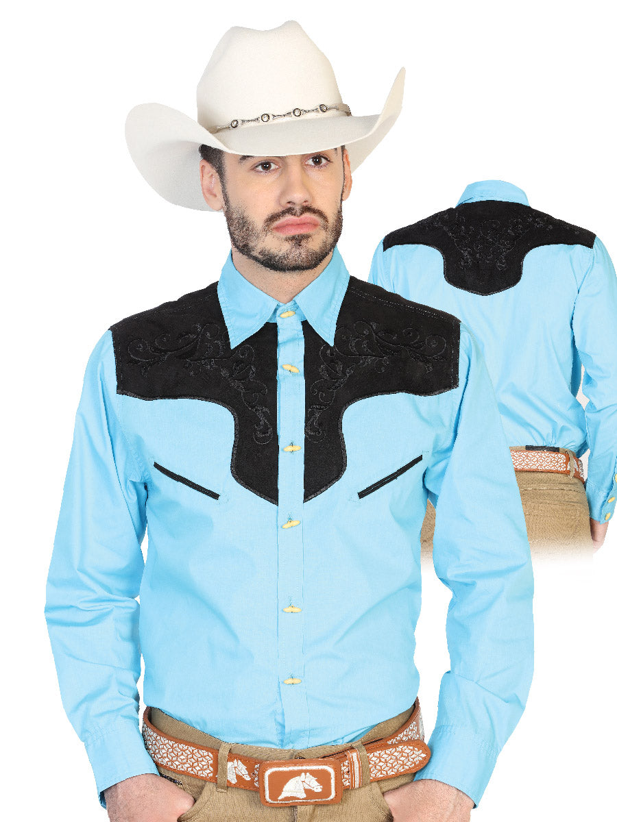 Camisa Vaquera Charra Bordada Manga Larga Azul Claro para Hombre 'El Señor de los Cielos' - ID: 42579