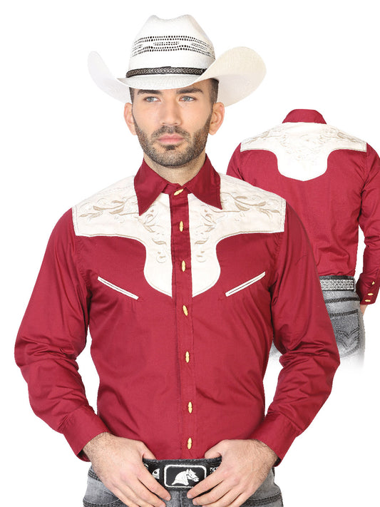 Charro Embroidered Long Sleeve Burgandy Denim Shirt for Men 'El Señor de los Cielos' - ID: 42580 Western Shirt El Señor de los Cielos Burgandy