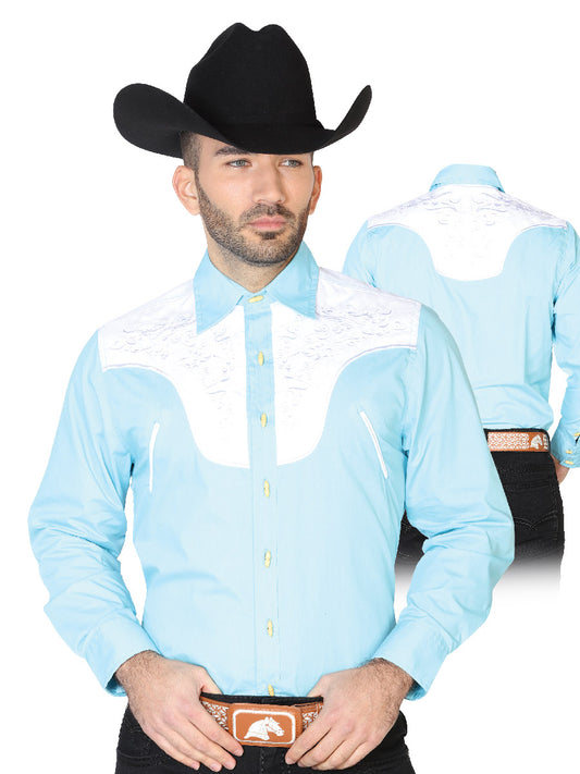 Camisa Vaquera Charra Bordada Manga Larga Azul Claro para Hombre 'El Señor de los Cielos' - ID: 42581