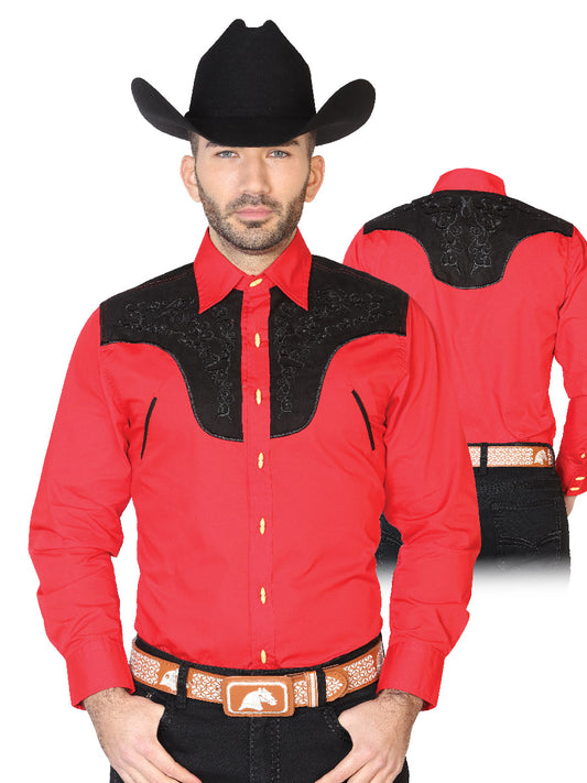 Camisa Vaquera Charra Bordada Manga Larga Rojo para Hombre 'El Señor de los Cielos' - ID: 42582 Western Shirt El Señor de los Cielos Red