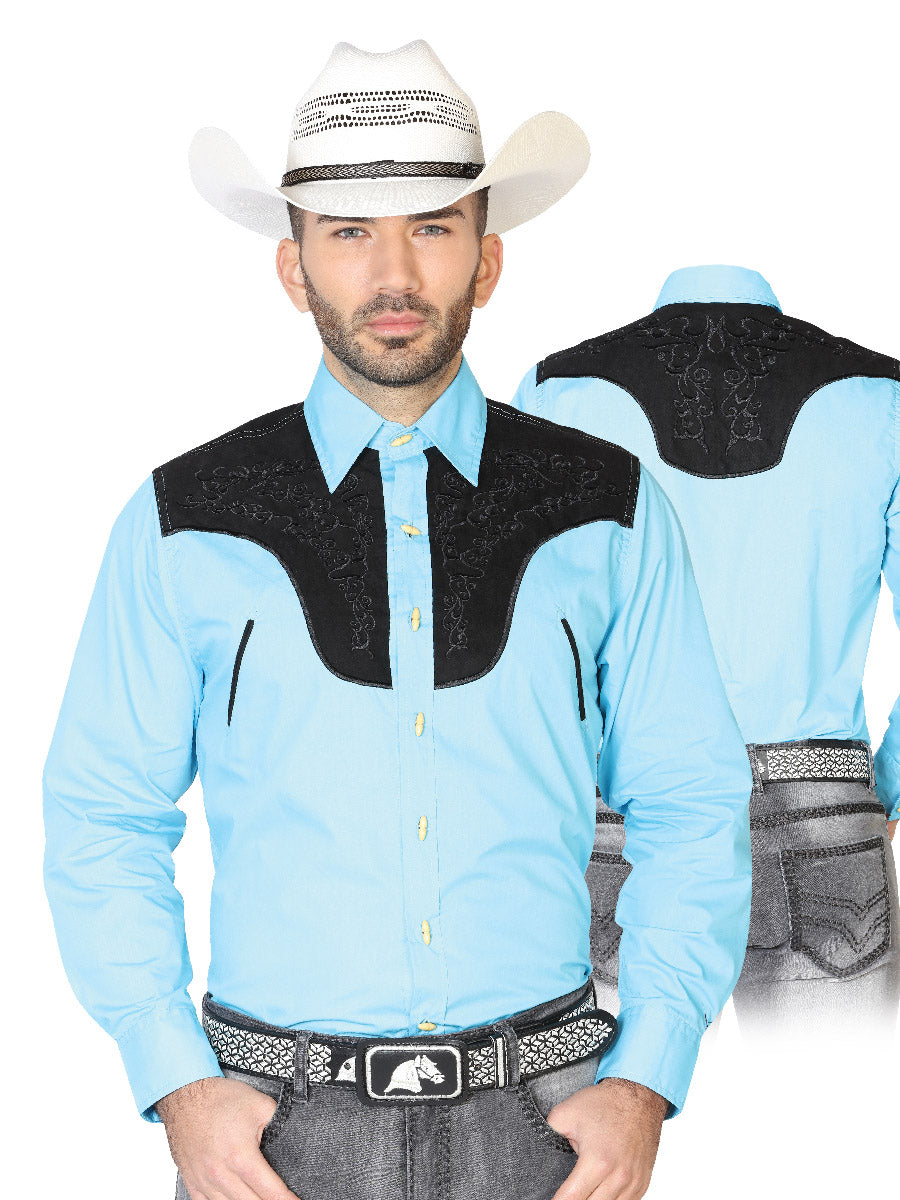 Light Blue Long Sleeve Embroidered Charra Cowboy Shirt for Men 'The Lord of the Skies' - ID: 42585