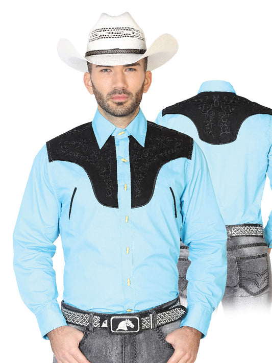 Camisa Vaquera Charra Bordada Manga Larga Azul Claro para Hombre 'El Señor de los Cielos' - ID: 42585