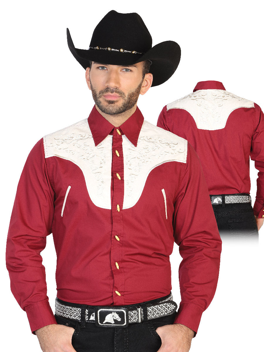 Charra Embroidered Long Sleeve Burgandy Cowboy Shirt for Men 'The Lord of the Skies' - ID: 42586