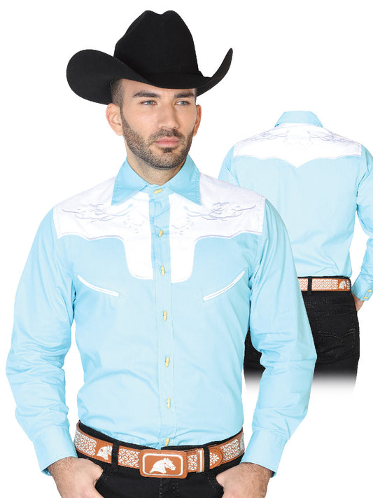 Camisa Vaquera Charra Bordada Manga Larga Azul Claro para Hombre 'El Señor de los Cielos' - ID: 42587