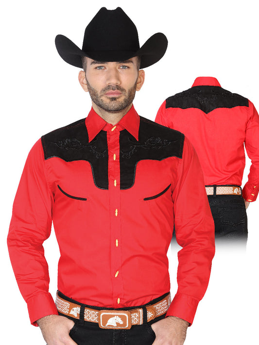 Red Long Sleeve Embroidered Charro Denim Shirt for Men 'El Señor de los Cielos' - ID: 42588 Western Shirt El Señor de los Cielos Red