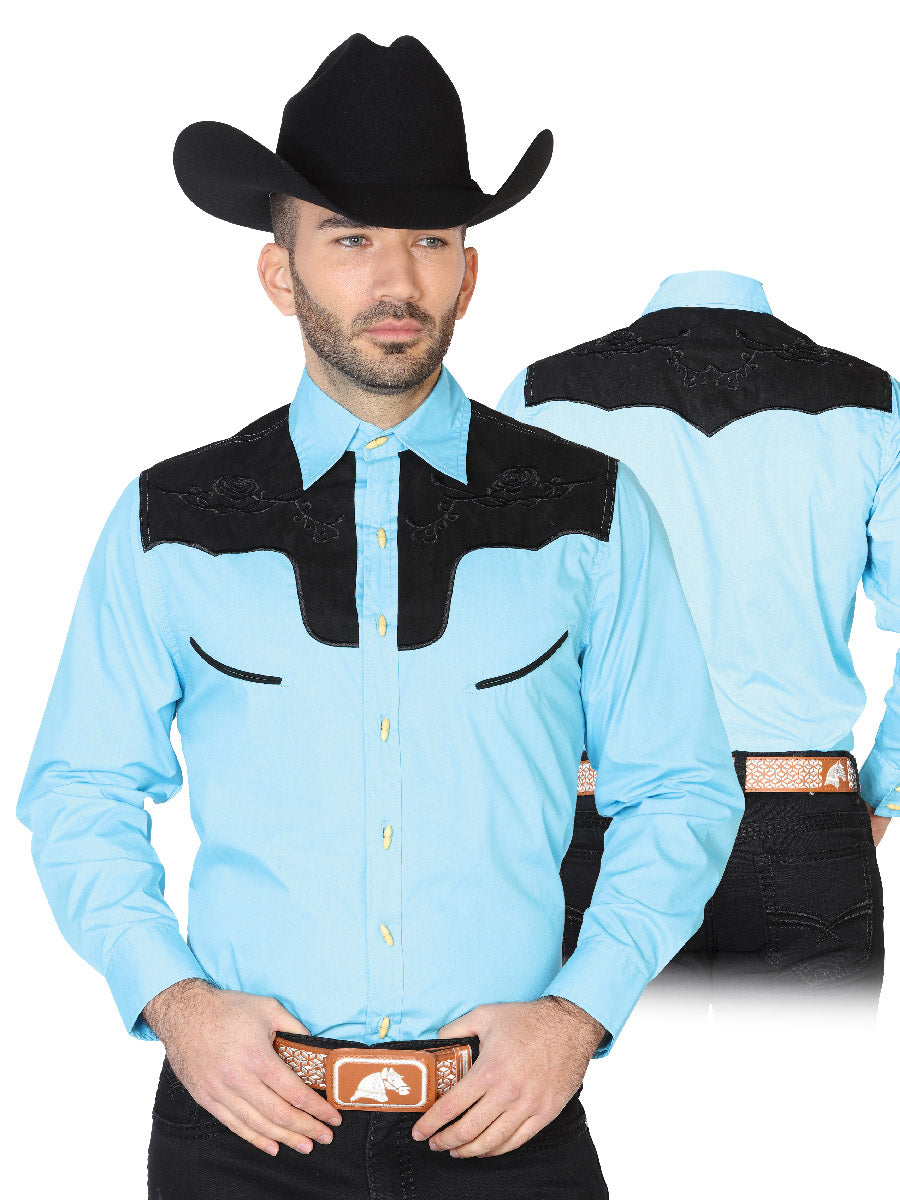 Light Blue Long Sleeve Embroidered Charra Cowboy Shirt for Men 'The Lord of the Skies' - ID: 42591
