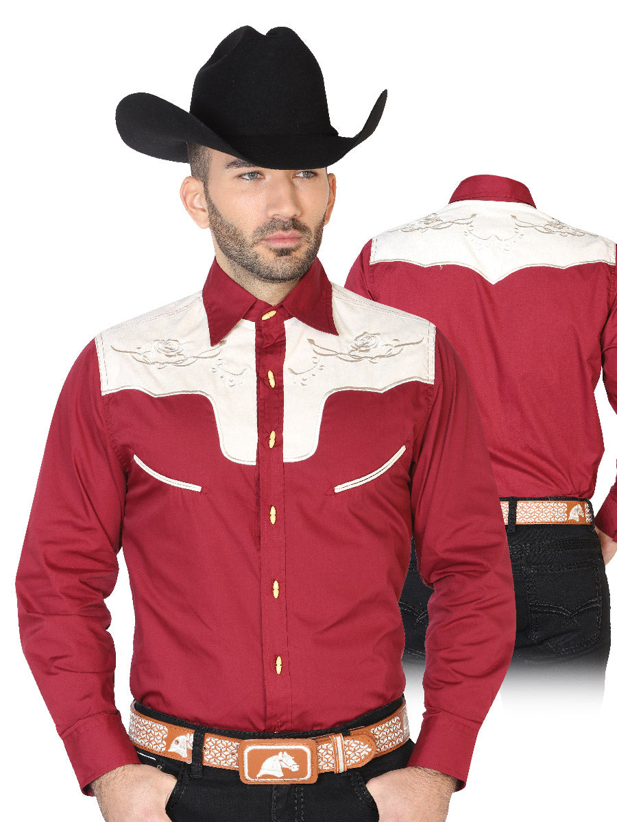 Charra Embroidered Long Sleeve Burgandy Cowboy Shirt for Men 'The Lord of the Skies' - ID: 42592