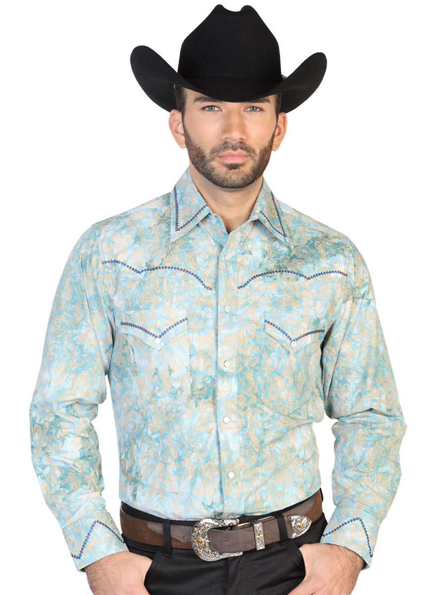Long Sleeve Denim Shirt with Green Cashmere Print Pockets for Men 'The Lord of the Skies' - ID: 42600