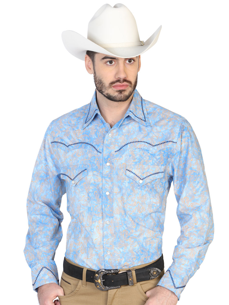 Camisa Vaquera Manga Larga de Bolsillos Estampada Cachemir Azul para Hombre 'El Señor de los Cielos' - ID: 42601