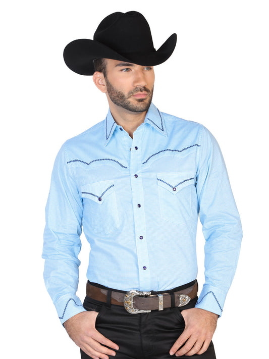 Camisa Vaquera Manga Larga de Bolsillos Azul Claro para Hombre 'El Señor de los Cielos' - ID: 42604
