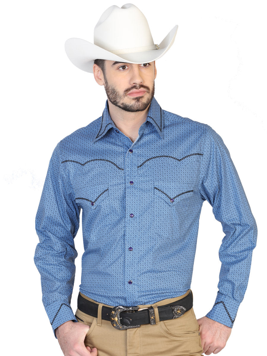 Long Sleeve Denim Shirt with Navy Blue Pockets for Men 'The Lord of the Skies' - ID: 42607