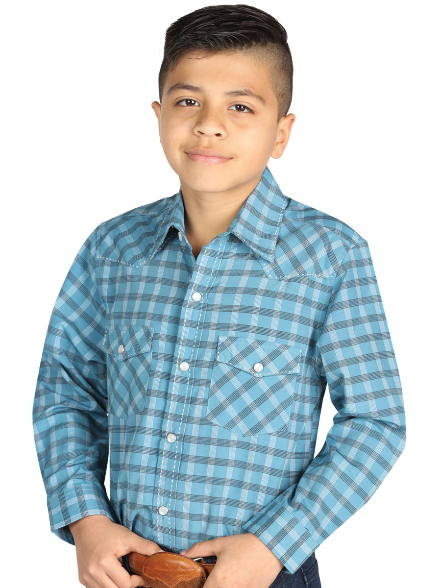 Blue/White Plaid Printed Long Sleeve Denim Shirt with Pockets for Children 'El General' - ID: 42615 Western Shirt El General Blue/White