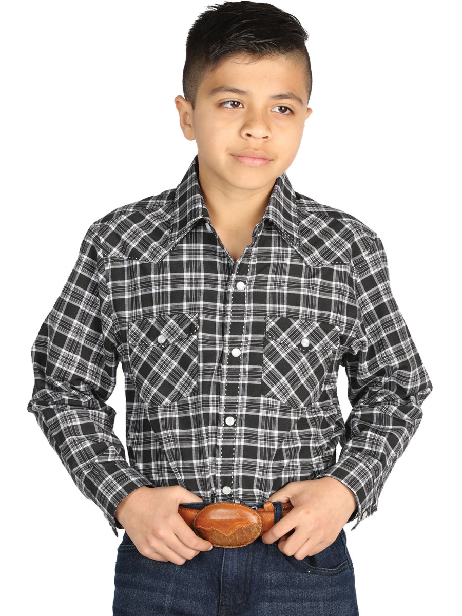 Long Sleeve Denim Shirt with Pockets Printed Black / White Squares for Boys 'El General' - ID: 42616