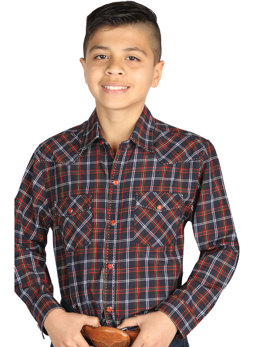 Long Sleeve Denim Shirt with Pockets Printed Black / Red Squares for Children 'El General' - ID: 42617
