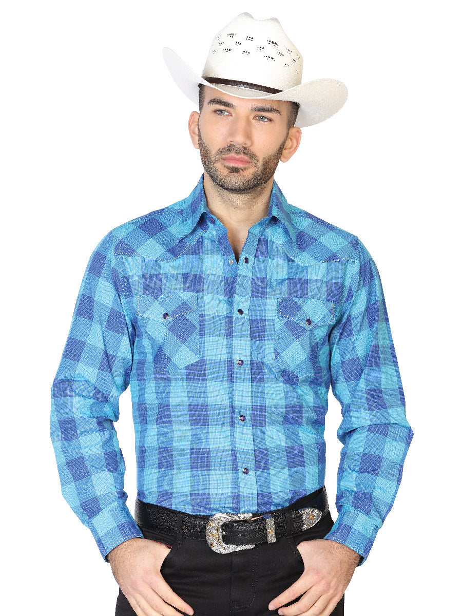 Blue Plaid Printed Long Sleeve Denim Shirt with Pockets for Men 'El Señor de los Cielos' - ID: 42619 Western Shirt El Señor de los Cielos Blue
