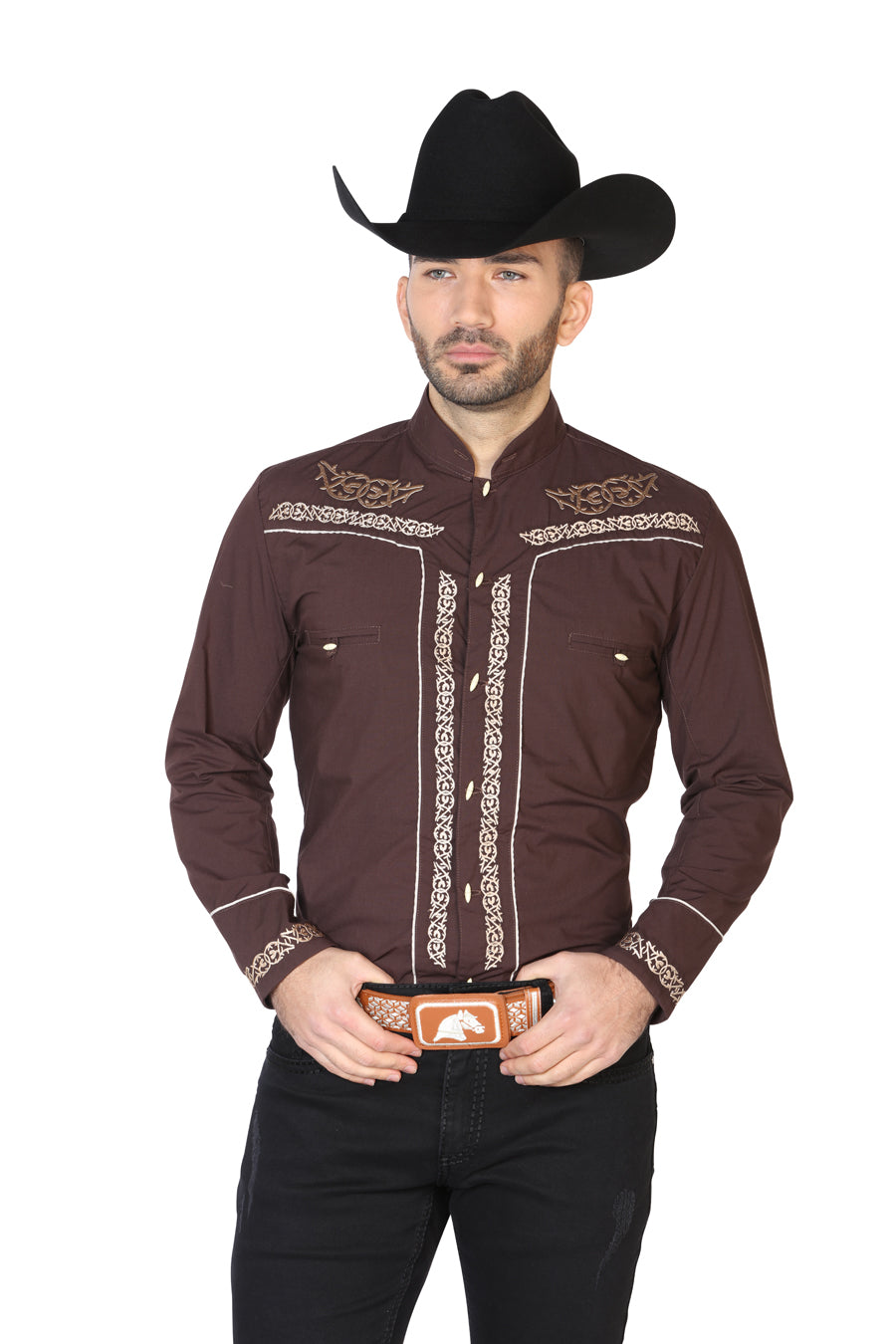 Charra Embroidered Long Sleeve Coffee Cowboy Shirt for Men 'The Lord of the Skies' - ID: 42876