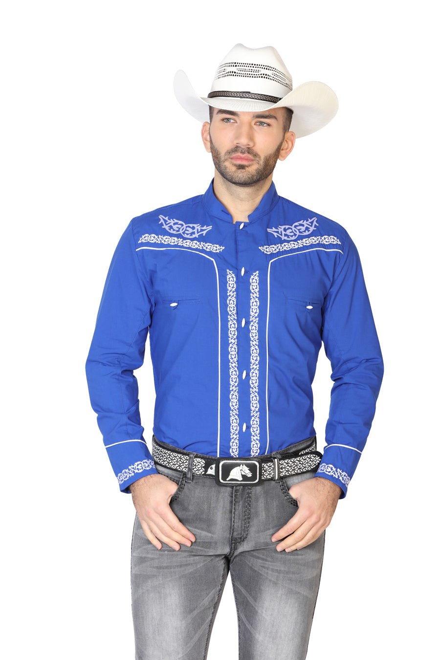 Charra Embroidered Long Sleeve Royal Blue Cowboy Shirt for Men 'The Lord of the Skies' - ID: 42878